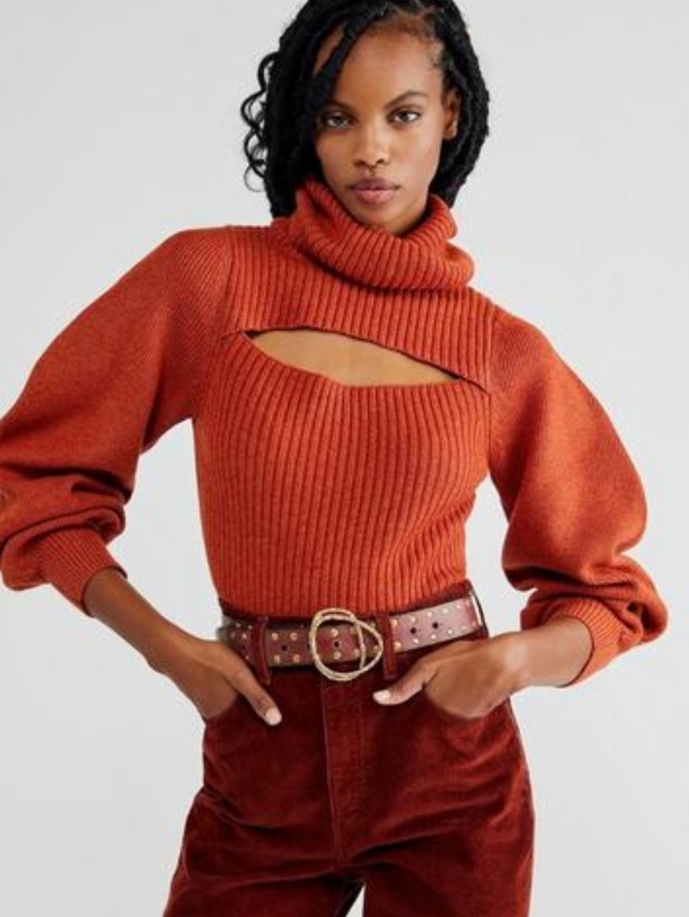 Free People Rust Orange Cutout Crop Turtleneck Sweater